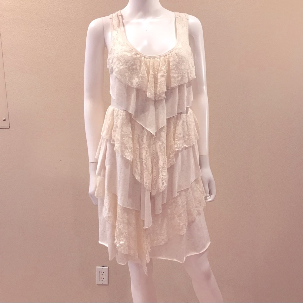 Summer Sleeveless Dress Size Large Ivory Lace Cream Knit Layered USA Made 90s
